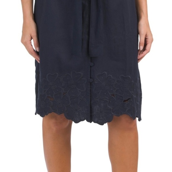 ELIE TAHARI Linen Blend Cap Sleeve Eyelet Trim Navy Blue Knee Length Dress - Picture 4 of 12